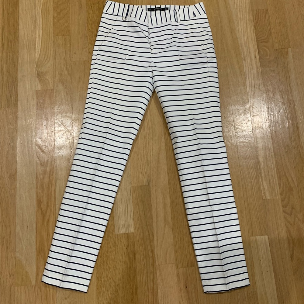 Beautiful Zara pants. White with dark blue stripes. Size 2. Worn once. Dressy